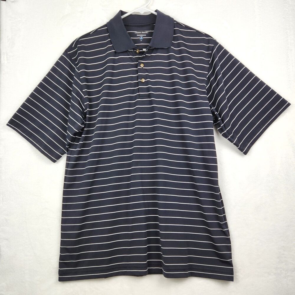 Pebble Beach Performance Mens Golf Polo Shirt Medium Black White Stripe
